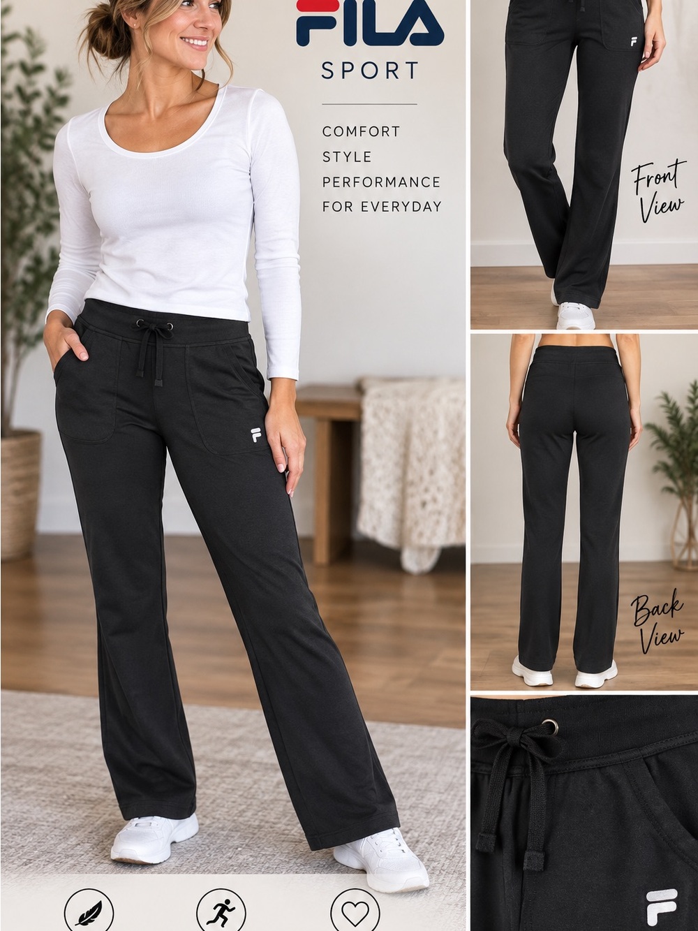 FILA Black Drawstring Wide-Leg Track Pants